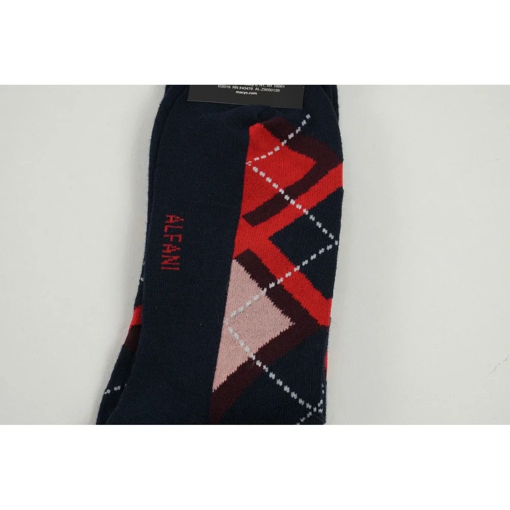 1 Pair of New‎ Alfani Men's 7-12 Blue Red Argyle Seamless Antimicrobial Socks